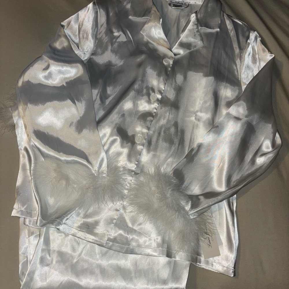 Silky White Pajama Set with Feather Trim